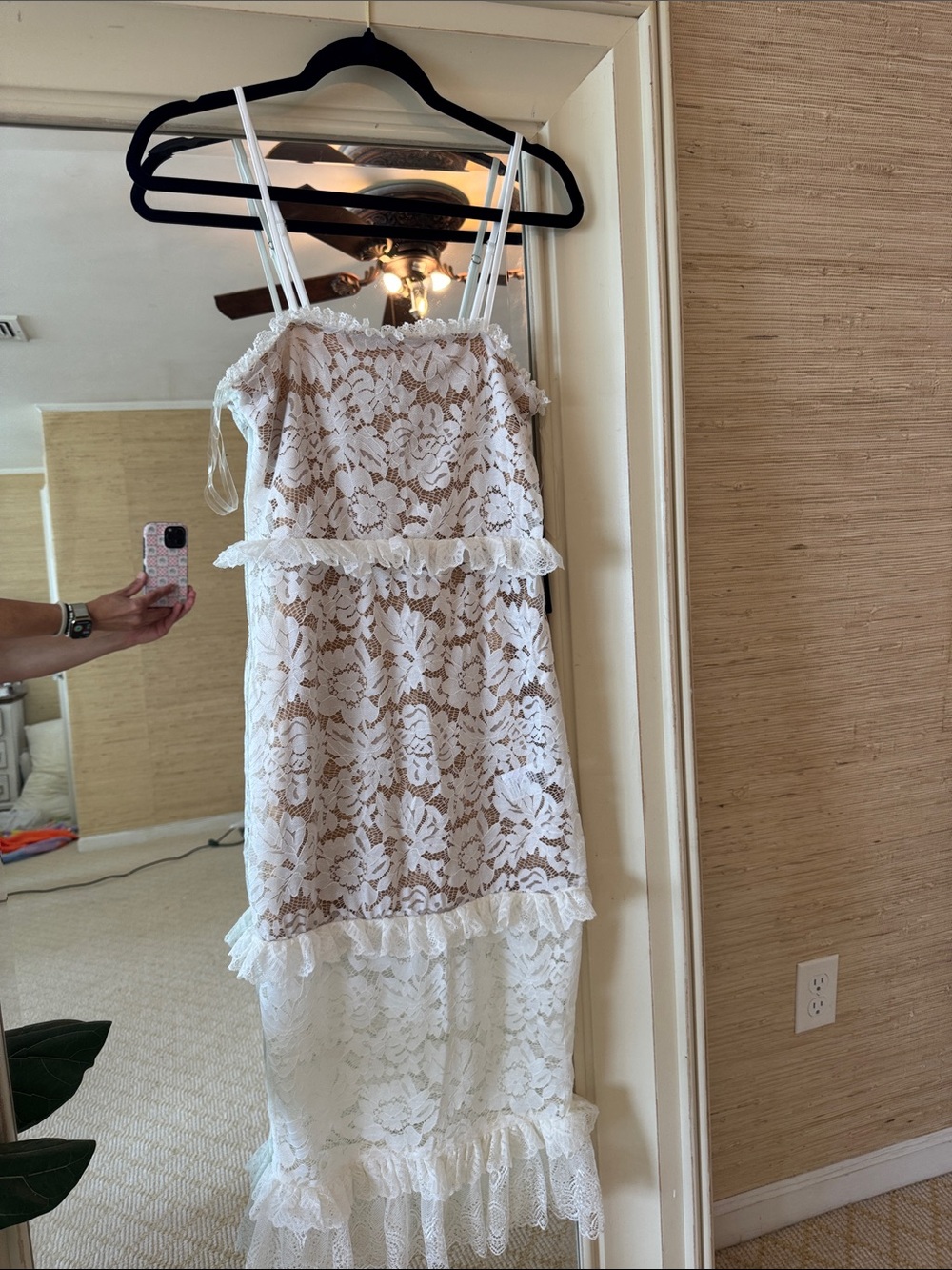 Bebe White Lace Ruffle Maxi Dress